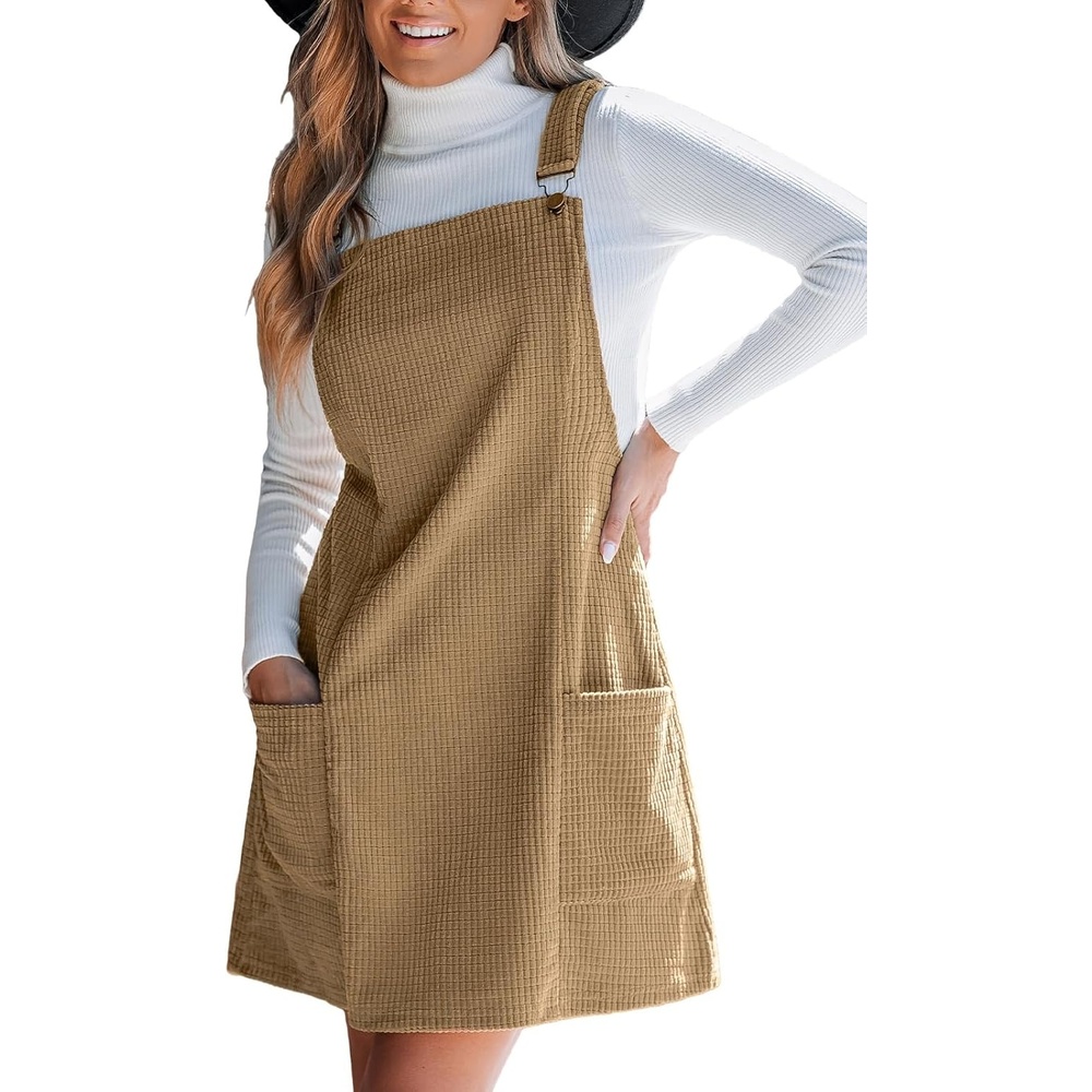 image:imageCUPSHE Womens Corduroy Overall Dress Square Neck A Line Fall Pinafore Mini Dress with PocketsKhaki