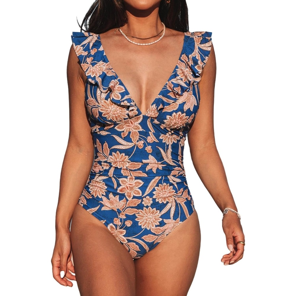 image:imageCUPSHE Womens Ruffled One Piece Swimsuit V Neck Lace UpNavy Paisley Print