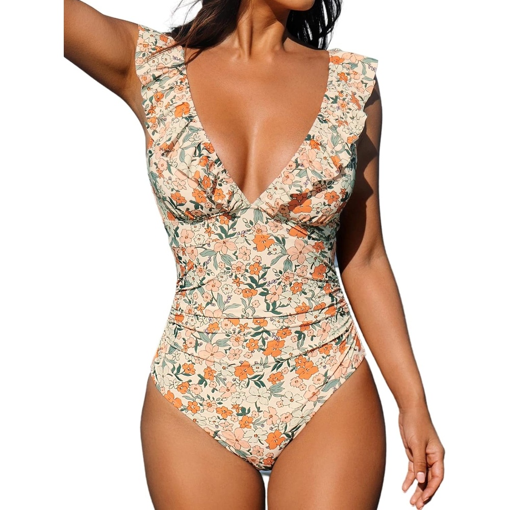 image:imageCUPSHE Womens Ruffled One Piece Swimsuit V Neck Lace UpOrange Ditsy Print