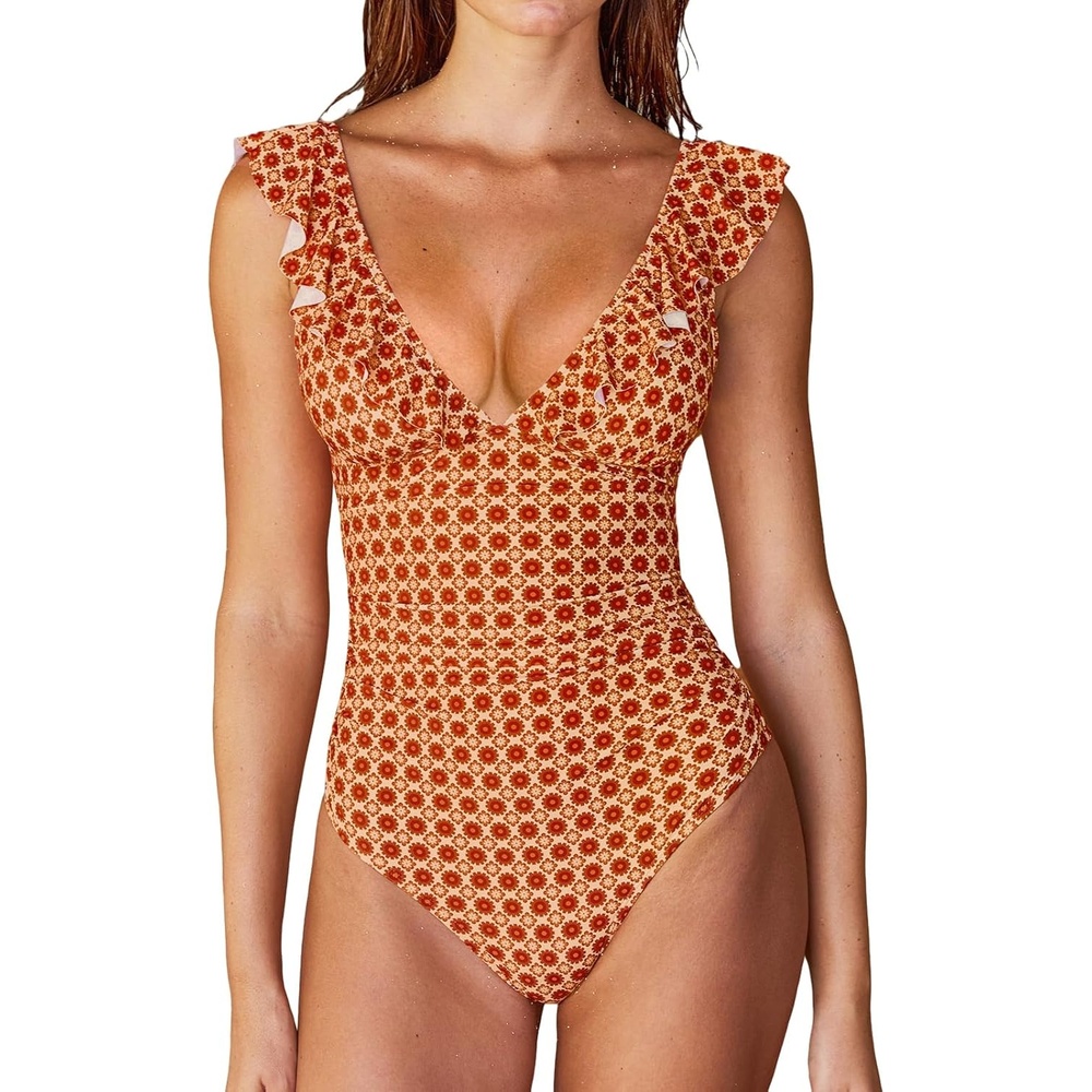 image:imageCUPSHE Womens Ruffled One Piece Swimsuit V Neck Lace UpOrangeRetro Floral