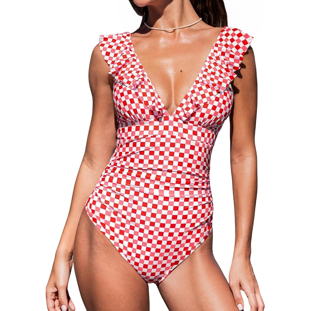 image:imageCUPSHE Womens Ruffled One Piece Swimsuit V Neck Lace UpRed Pink Gingham