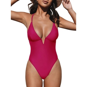 CUPSHE Women Swimsuit One Piece Bathing Suit Deep V Neck Crisscross Back Adjustable Strap(Rose Red)