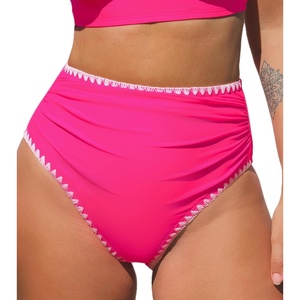CUPSHE Women’s Bikini Bottom High Waisted Swimsuit Ruched Bathing Suit Stitching Full Coverage Swimwear Bottom(Magenta Pink)