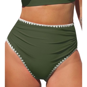 CUPSHE Women’s Bikini Bottom High Waisted Swimsuit Ruched Bathing Suit Stitching Full Coverage Swimwear Bottom(Olive Green)