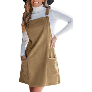 CUPSHE Women’s Corduroy Overall Dress Square Neck A Line Fall Pinafore Mini Dress with Pockets(Khaki)