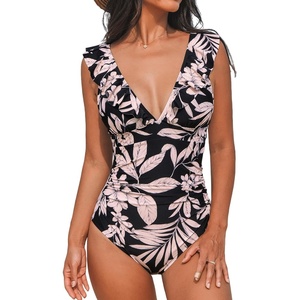 CUPSHE Women’s Ruffled One Piece Swimsuit V Neck Lace Up(Black/Light Pink Floral)