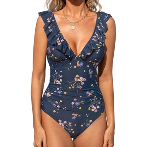 CUPSHE Women’s Ruffled One Piece Swimsuit V Neck Lace Up(Denim Blue Floral)